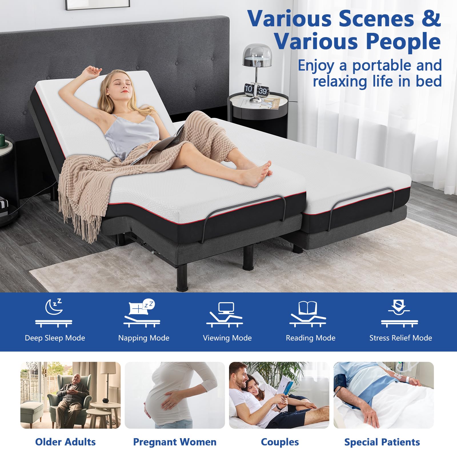 Twin XL Adjustable Bed Base with Mattress, 10 Inch Gel Memory Foam Medium-Firm Mattress in Box, Head/Foot Lift Electric Smart Bed, Wireless Remote, Updated Adjustable Bed Frame with Thickened Frame