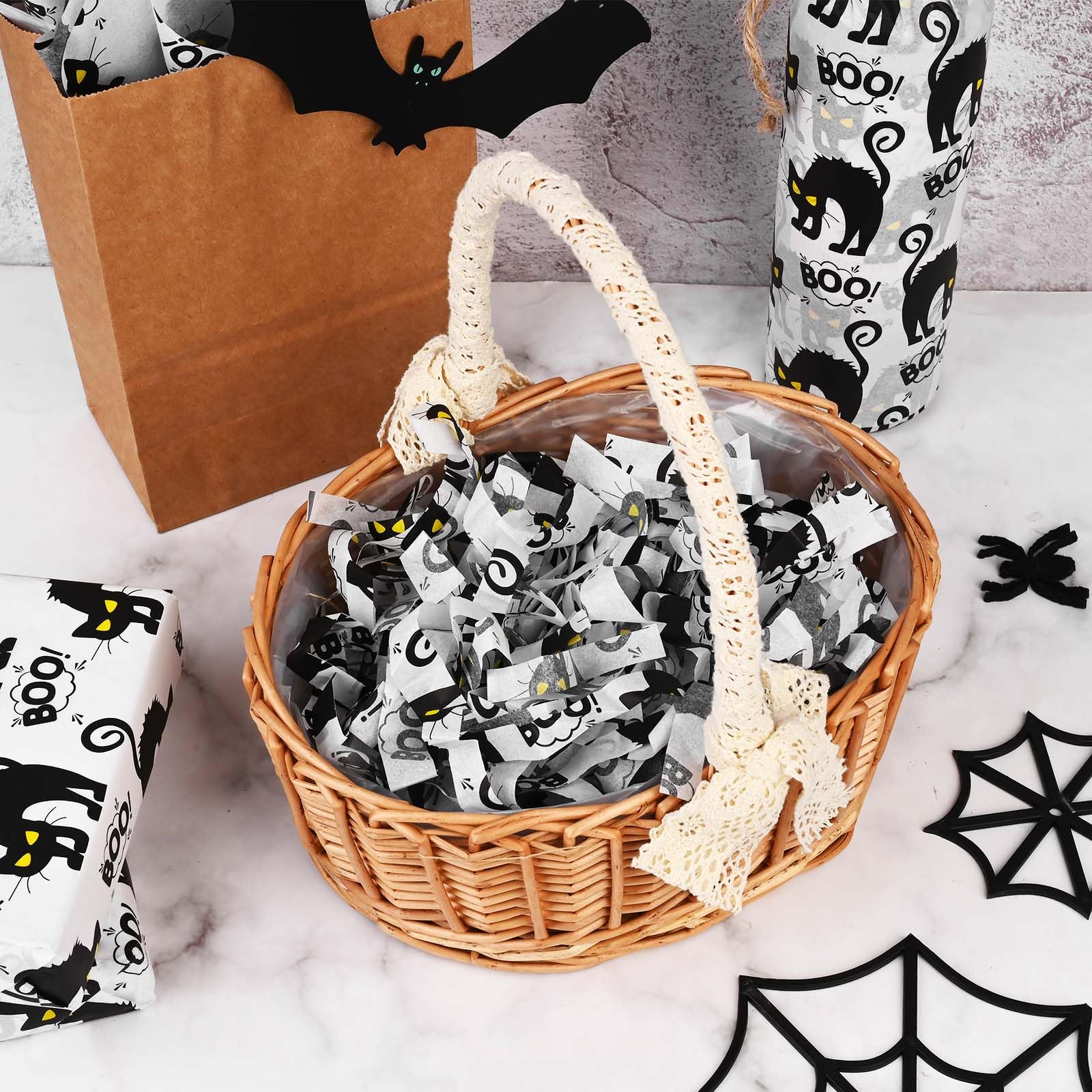 100 Sheets 20 * 14 Inches Halloween Tissue Paper for Gift Wrapping Black Cat Boo Pattern Decorative Tissue Paper for Halloween Party Trick or Treat Party DIY Craft