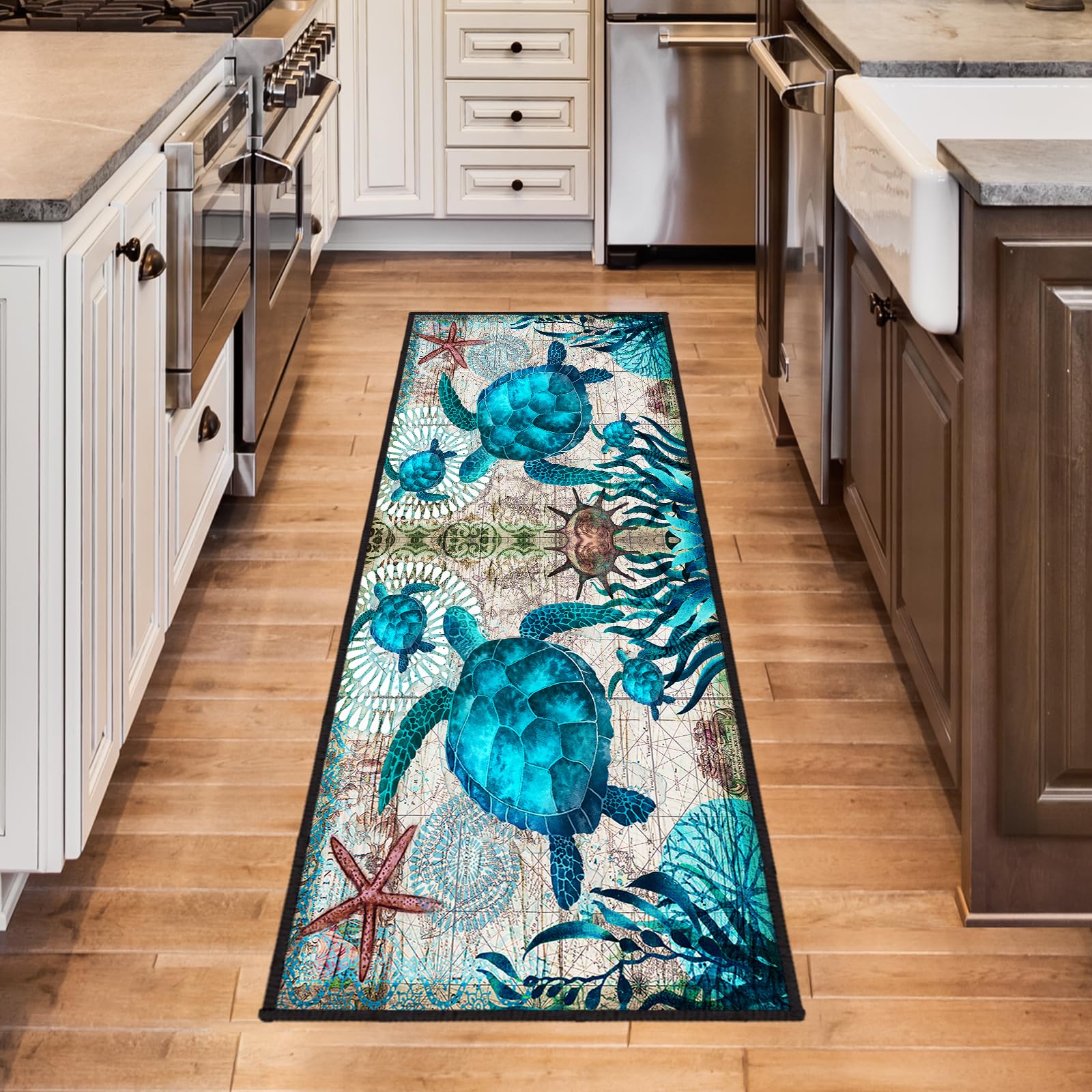 Coastal Runner Rug for Hallway 2x6 Sea Turtle Hallway Rugs Nautical Throw Rug Blue Turtles Beach Ocean Life Teal Marine Animal Area Rug Non-Slip Floor Carpet for Bedroom Entryway Door Mat Washable Rug