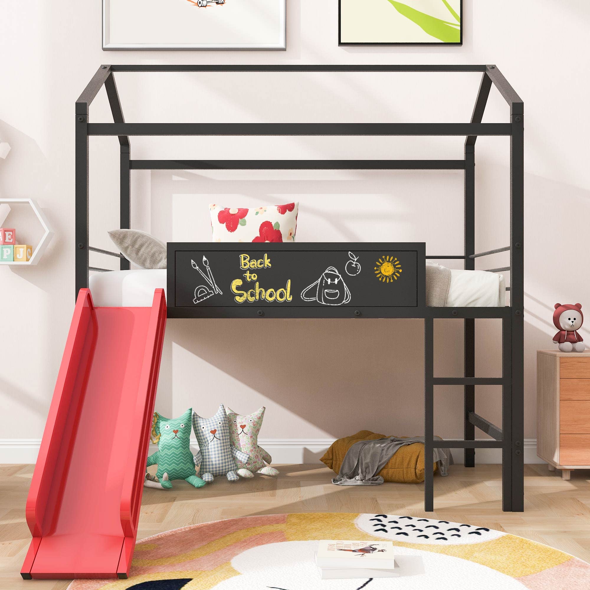 Twin House Loft Beds with Slide & Chalkboard, Low Loft Bed Twin Size, Metal House Bed with Guardrail and Ladder, Metal Twin Size Loft Bed for Kids Teens Girls Boys (Twin, Black + Red)