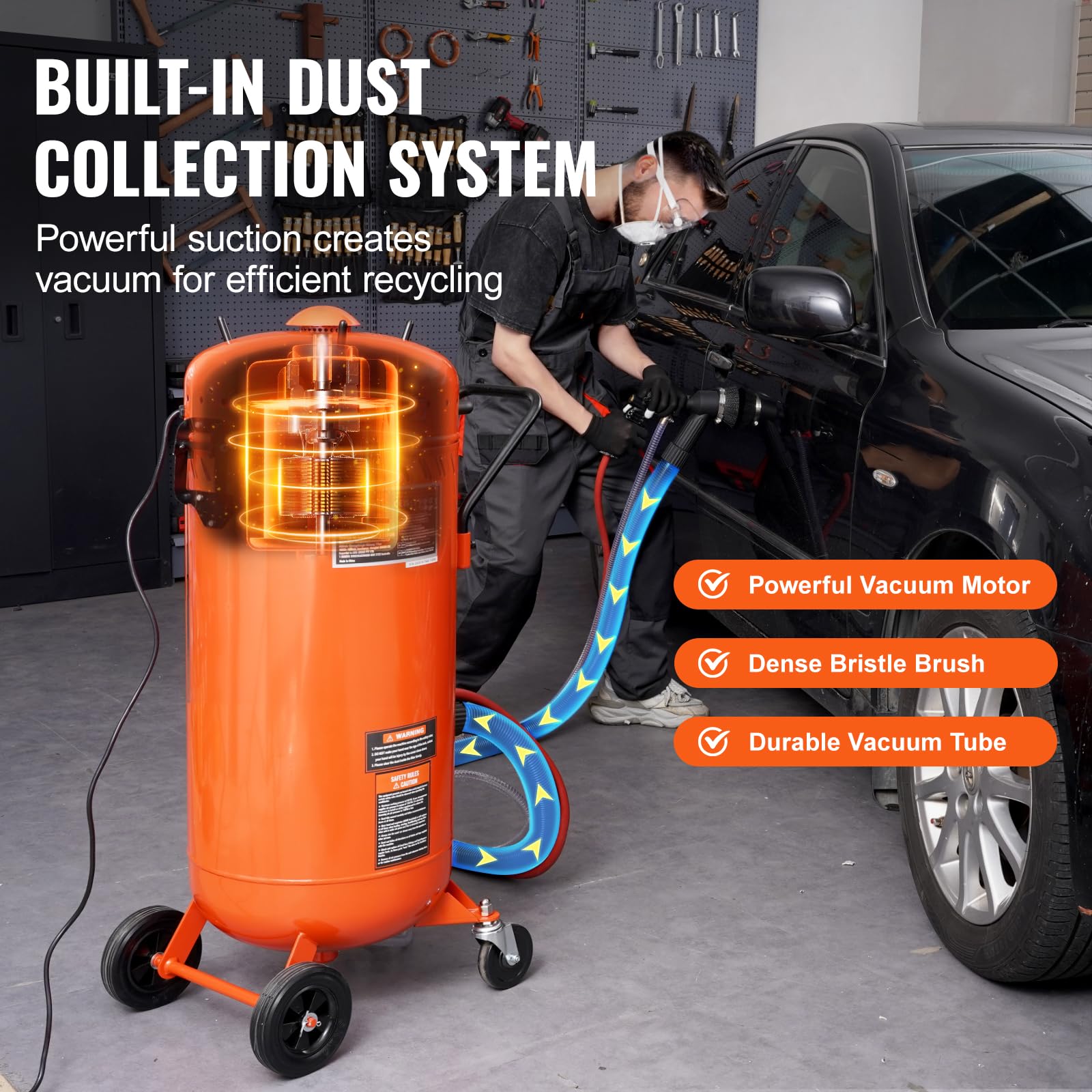 VEVOR 28 Gallon Vacuum Sand Blaster, Dustless Sandblaster with Built-in 1200W Vacuum System for Dust Control and Abrasive Recycle, 60-110 PSI Heavy Duty Dustless Blasting Machine