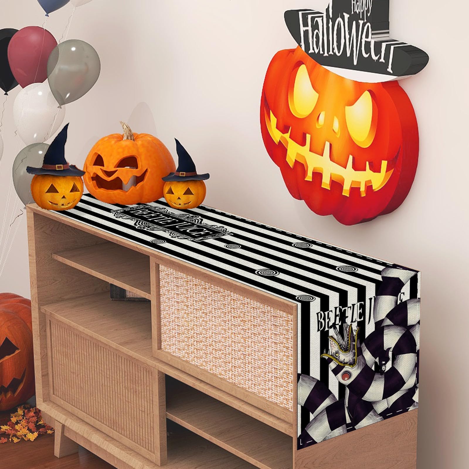 Black Striped Halloween Table Runner Scary Spooky Creepy Halloween Decorations and Supplies for Home Kitchen Dining Room Table