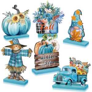 6 pcs thanksgiving wooden tabletop decor hello fall pumpkin gnome scarecrow truck wooden table signs fall table decorations centerpieces for autumn harvest party supplies(classic,blue)