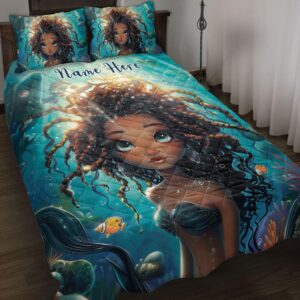 ohaprints personalized black teen girl quilt bed set, african american mermaid melanin quilt blanket & pillowcases - king queen double twin throw bedspread bedding & pillow cover, gift afro daughter