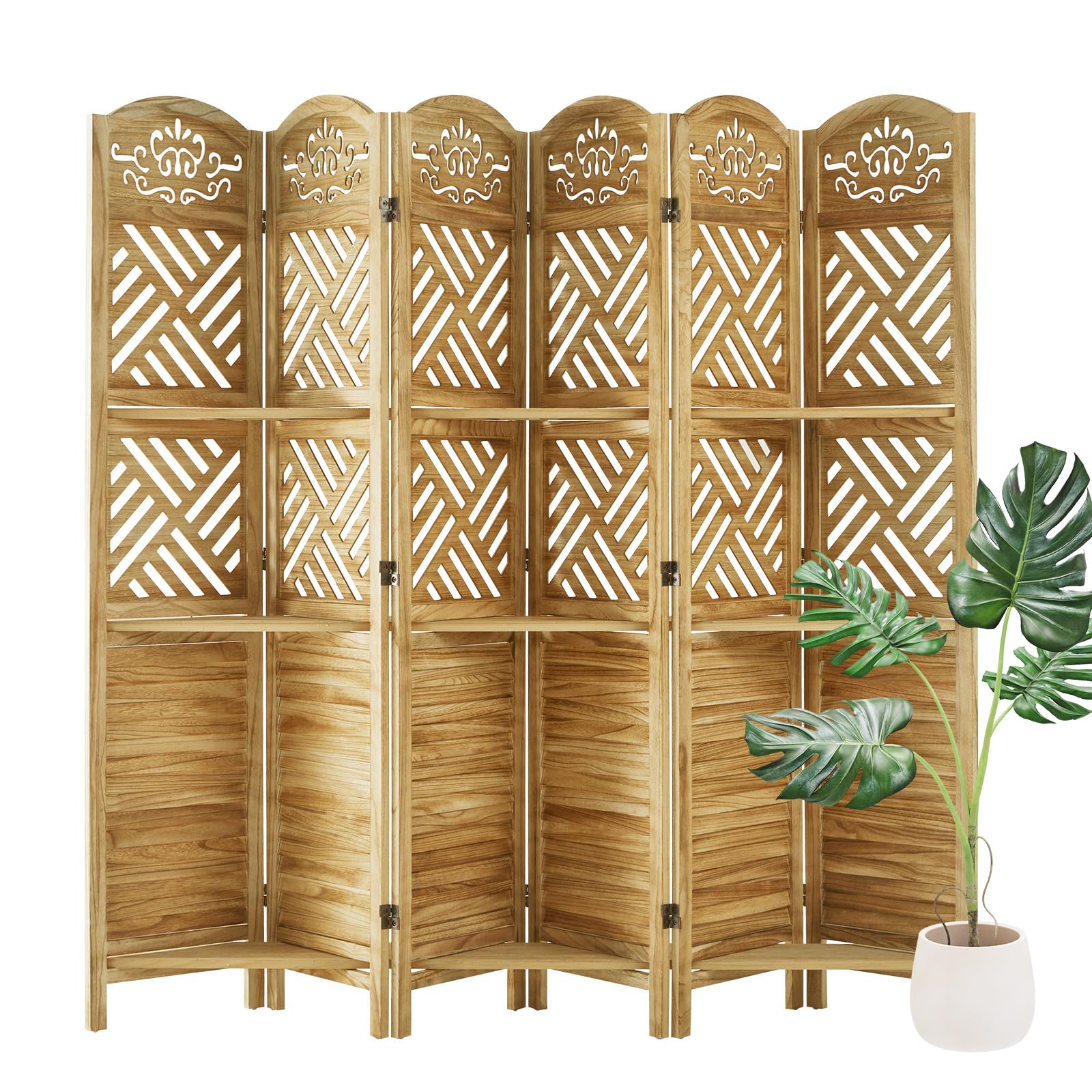 Room Divider with Shelves, 5.75ft Tall Folding Wood Carved Screen with Double Hinges for Home Office Bedroom Hotel Decoration (6 Panels, Natural)