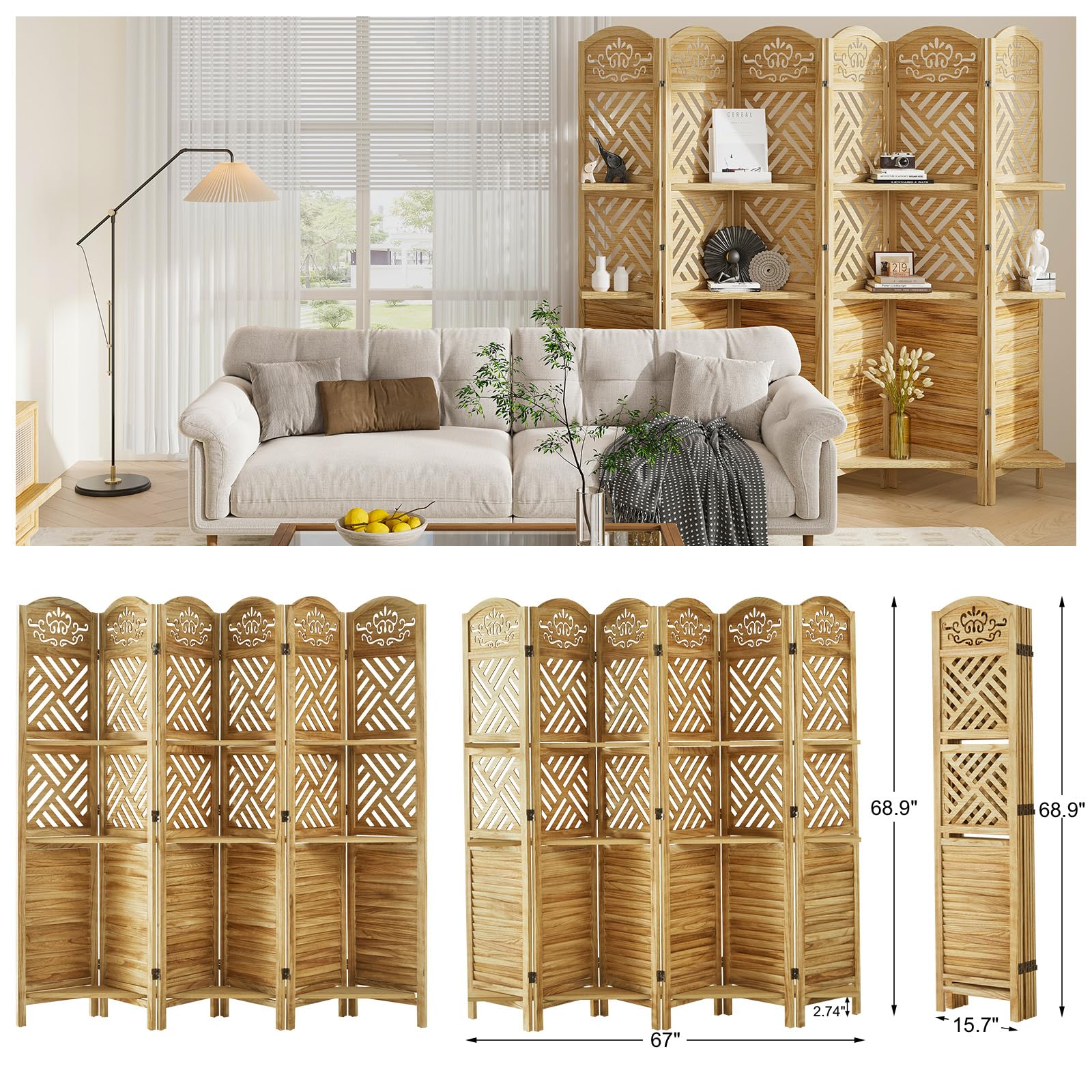 Room Divider with Shelves, 5.75ft Tall Folding Wood Carved Screen with Double Hinges for Home Office Bedroom Hotel Decoration (6 Panels, Natural)