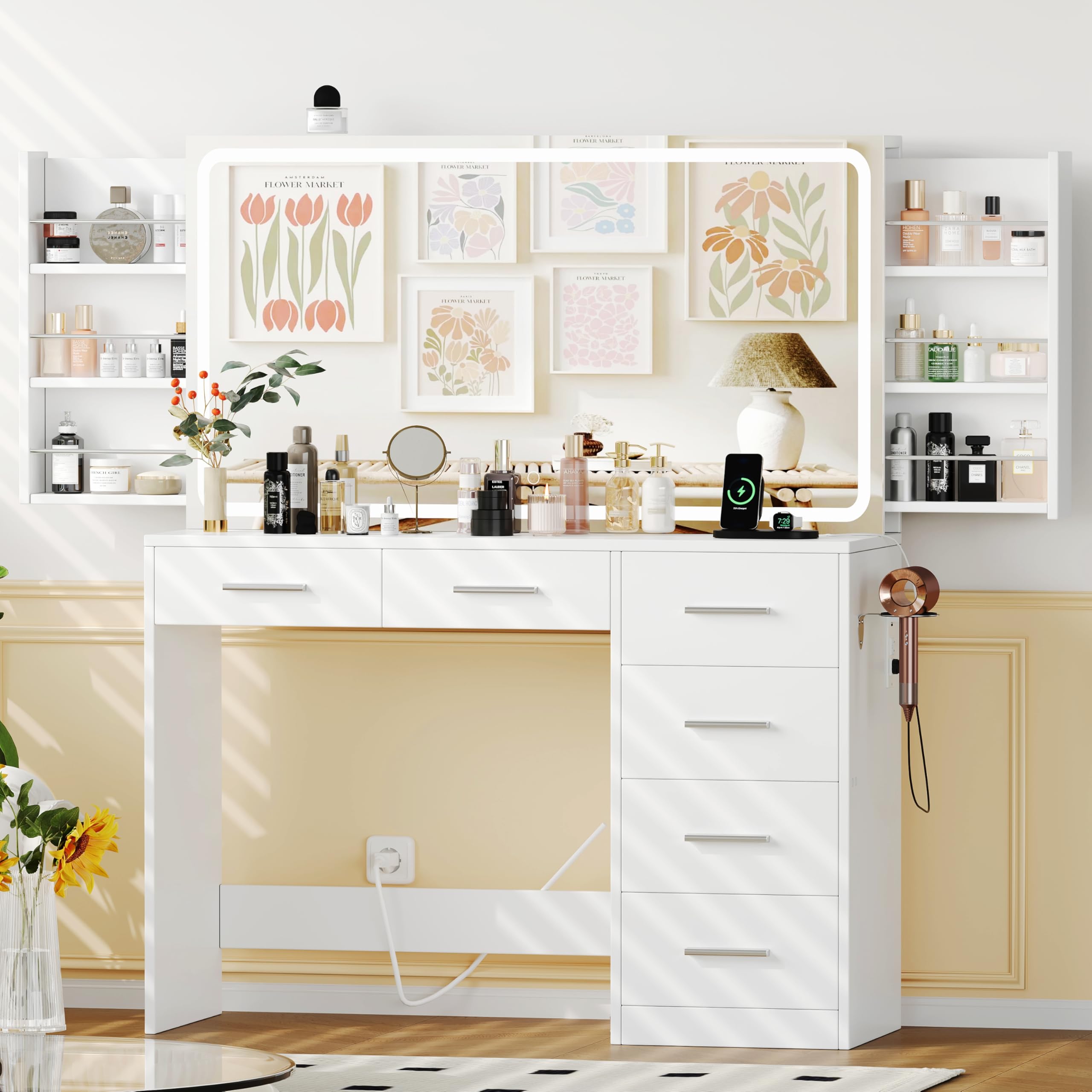 Keehusux 46.7" W Vanity Desk with Mirror and Lights, Makeup Vanity Table with Charging Station and Holder, Bedroom Dressing Table with 6 Drawers & Sliding Hidden Storage Shelves, White KES006WSZT