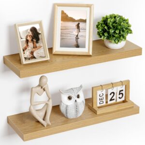 fun memories 8" deep oak floating shelves, rustic wood deep wall shelves for wall decor & storage, 24 x 8 floating shelf for living room, bathroom, bedroom, set of 2