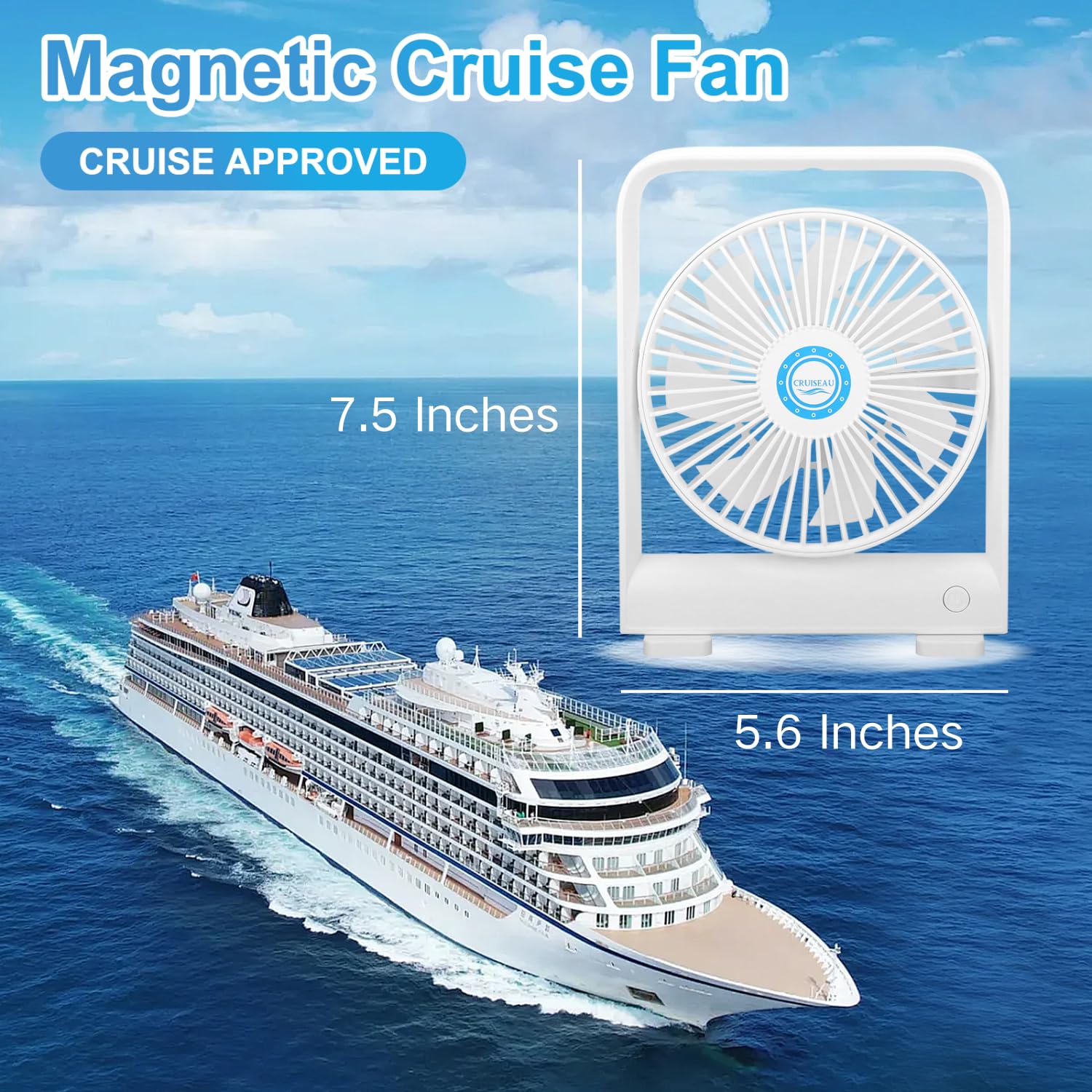 Cruise Ship Approved Fan for Staterooms Ceiling and Wall Hanging, Cruise Fan with Magnetic Base, USB Rechargeable - Battery Powered Portable Travel Fan for Cruise