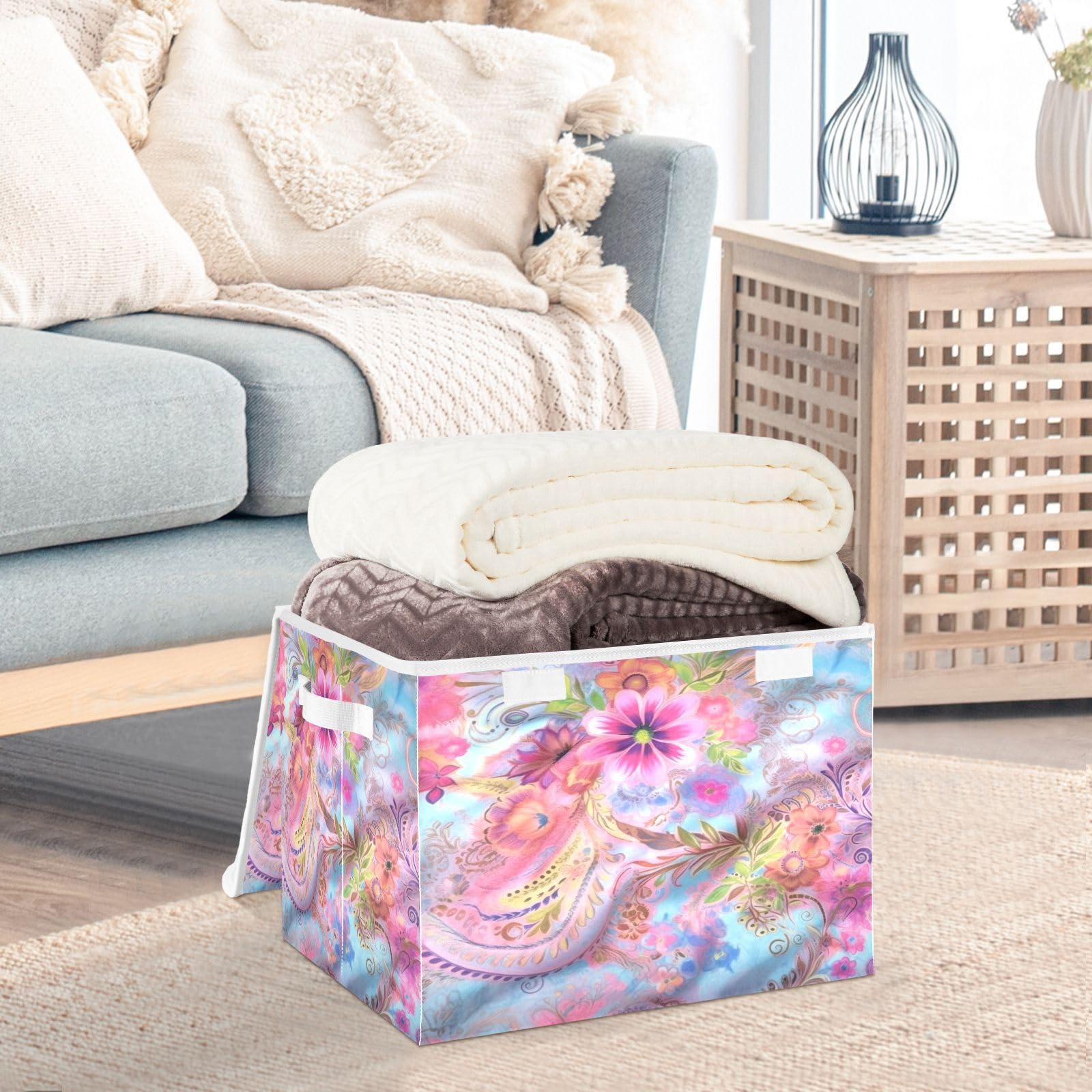 YETTASBIN Paisley Flower Storage Basket with Lid and Handles, Large Collapsible Fabric Storage Bins Sturdy Storage Organizer for Shelves, Closet, Bedroom, School, Office, Home Decor