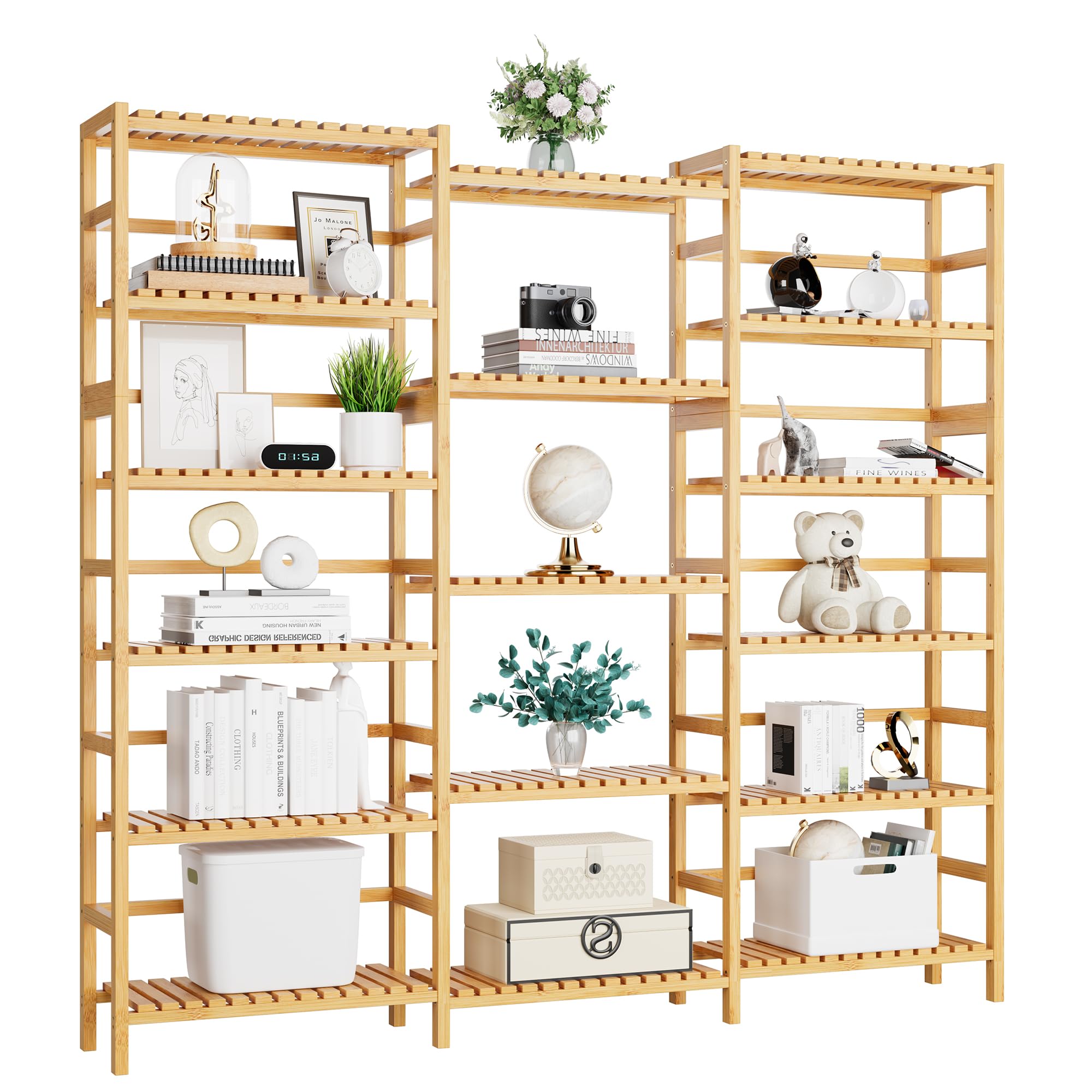 FOTOSOK Triple Wide 6-Tier Bookshelf and Bookcase,Large Freestanding Book Shelf with 17 Open Display Shelves, Tall Bookshelf Plant Flower Shelf Rack Storage Organizer Unit for Living Room, Natural