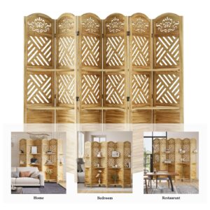 Room Divider with Shelves, 5.75ft Tall Folding Wood Carved Screen with Double Hinges for Home Office Bedroom Hotel Decoration (6 Panels, Natural)