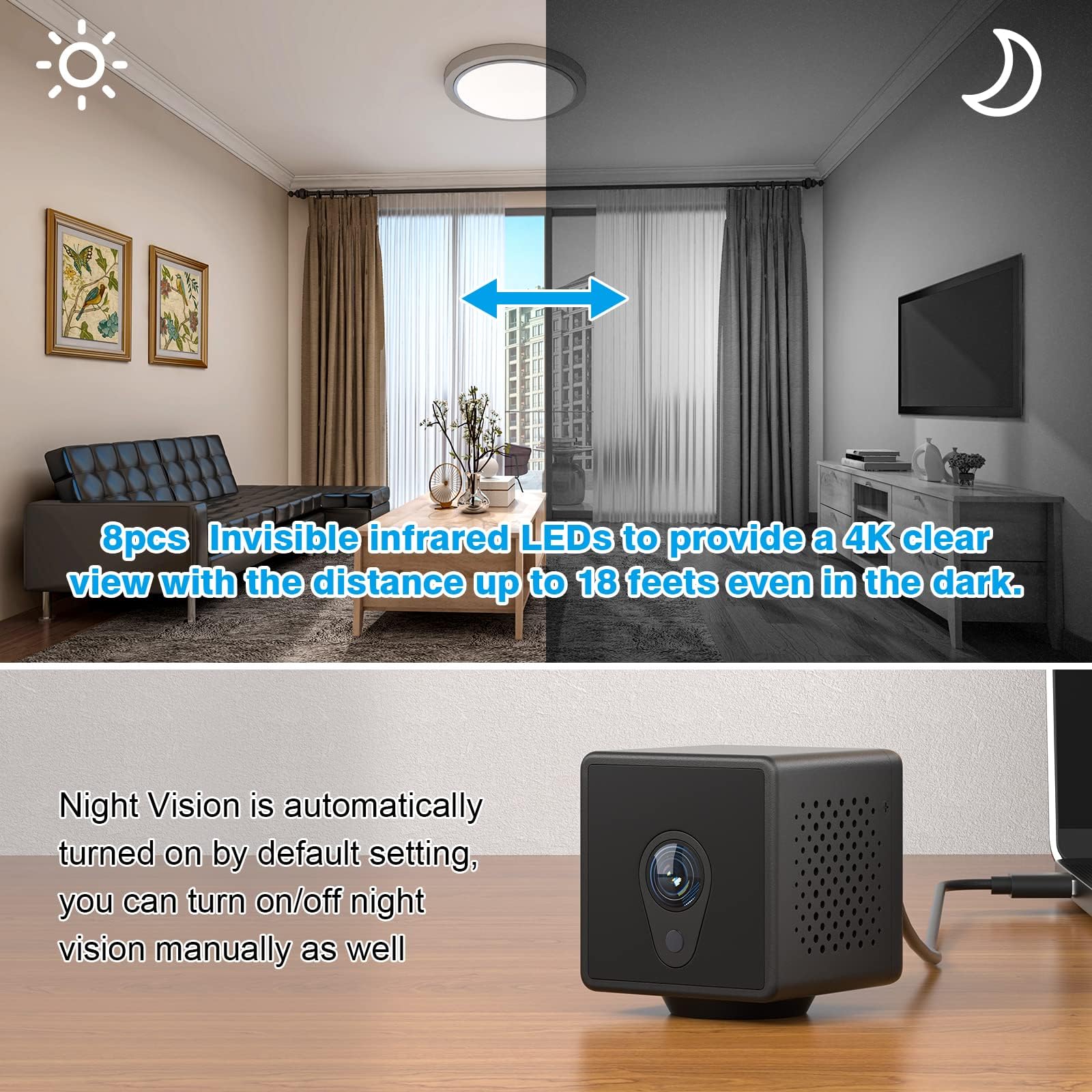 WiFi Mini Camera 4K FHD Small Camera, Smartphone App Remote Access, Nanny Cam Security Cam with AI Motion Detection, Auto Night Vision Built-in High-capacity Battery for Indoor Outdoor Wireless Cam