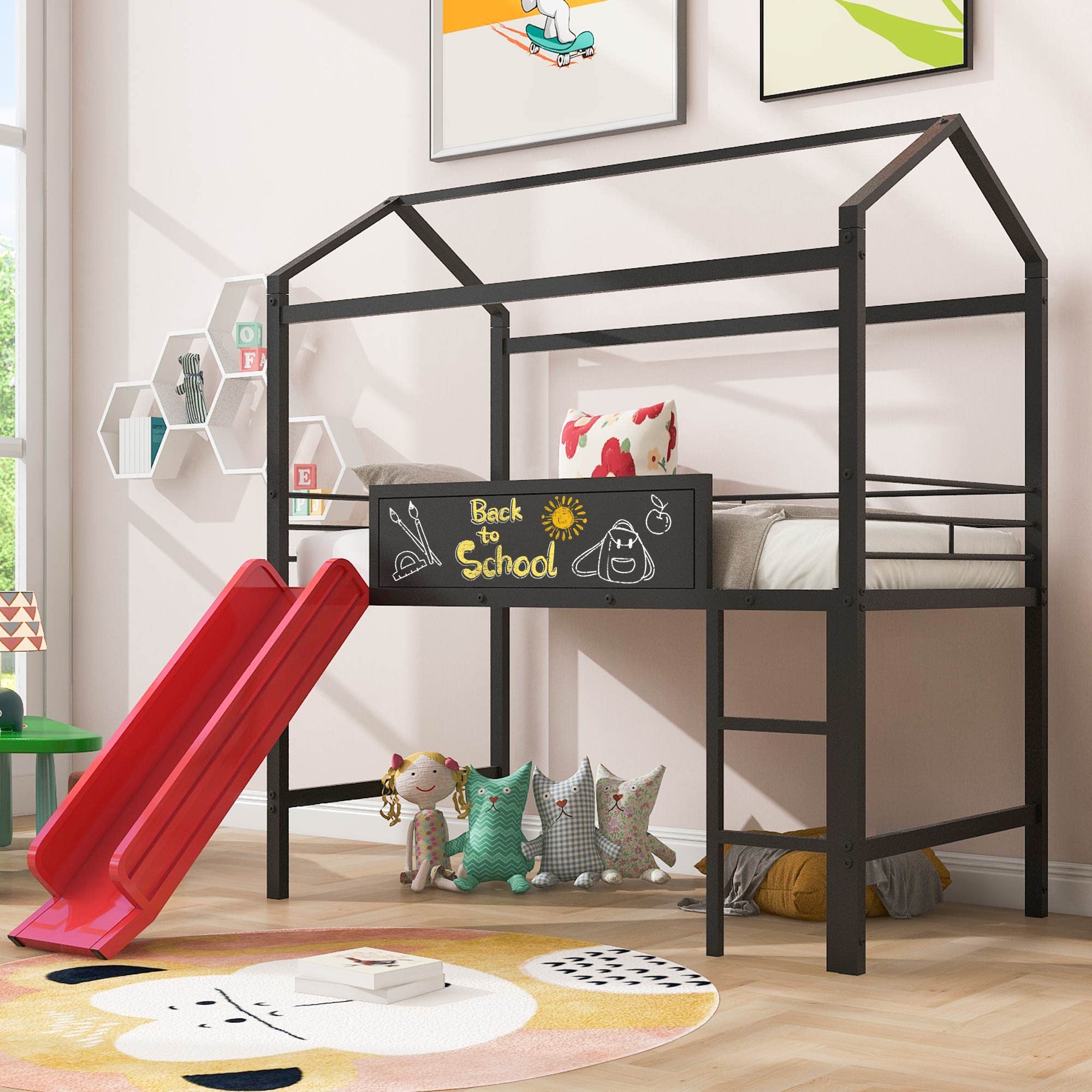 Twin House Loft Beds with Slide & Chalkboard, Low Loft Bed Twin Size, Metal House Bed with Guardrail and Ladder, Metal Twin Size Loft Bed for Kids Teens Girls Boys (Twin, Black + Red)