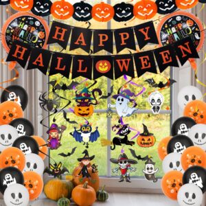 52 pcs halloween party decorations set include happy halloween banner, pumpkin banner, hanging swirl streamers, bats wall decor, halloween balloons home decor party favors supplies