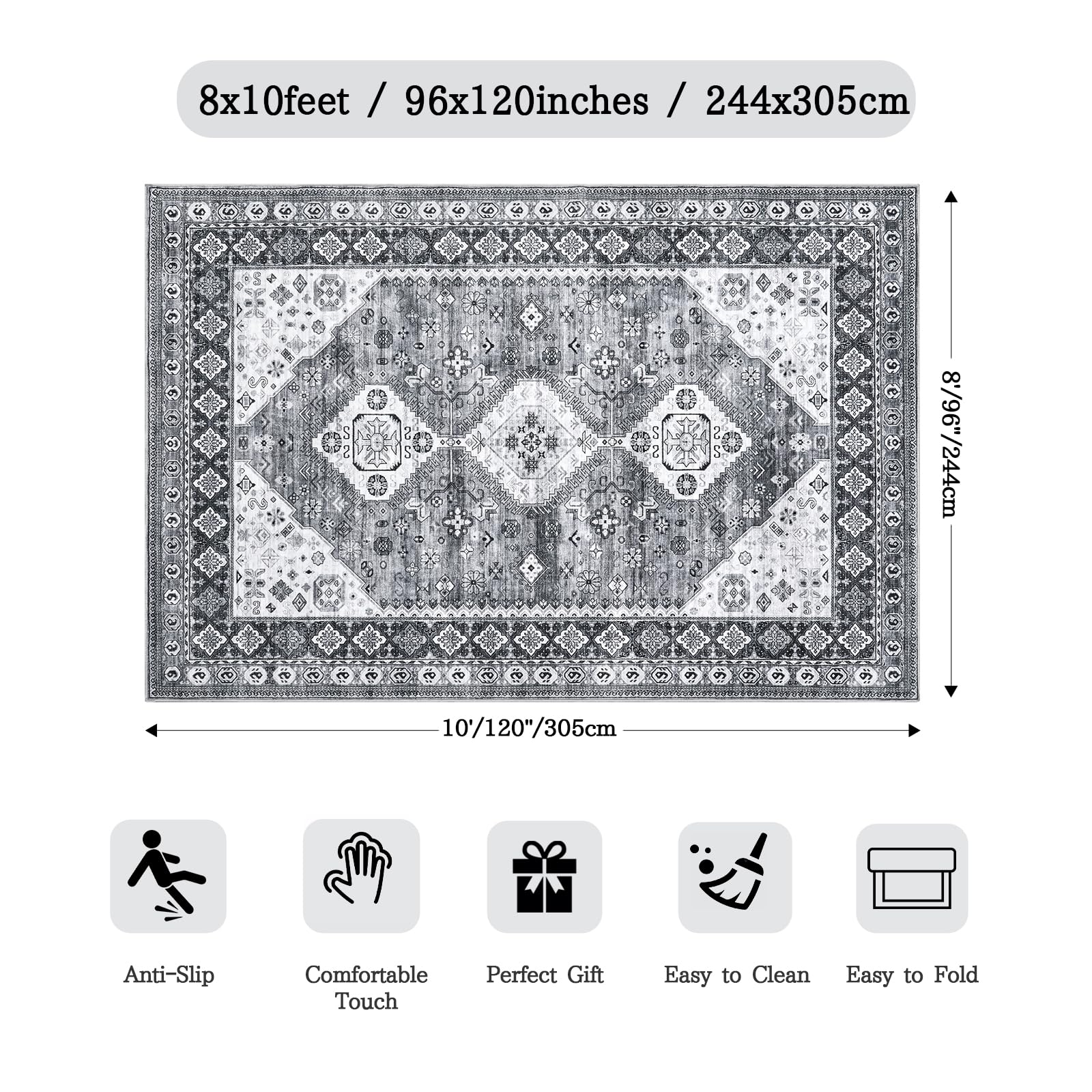 Madane 8x10 Area Rugs for Living Room, Lagre Vintage Washable Rugs 8x10 with Non-Slip Backing for Bedroom, Low-Pile Area Rugs 8x10 Soft Foldable 8x10 Rug Grey