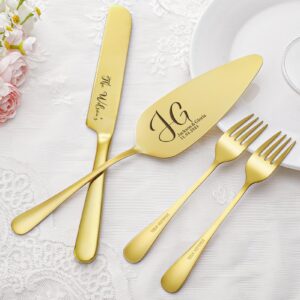 Zhamate Personalized Cake Knife and Server Set, Cake Cutting Set for Wedding, Custom Stainless Steel Personalized Cake Cutter for Wedding, Anniversary, Birthday Gift(Gold)