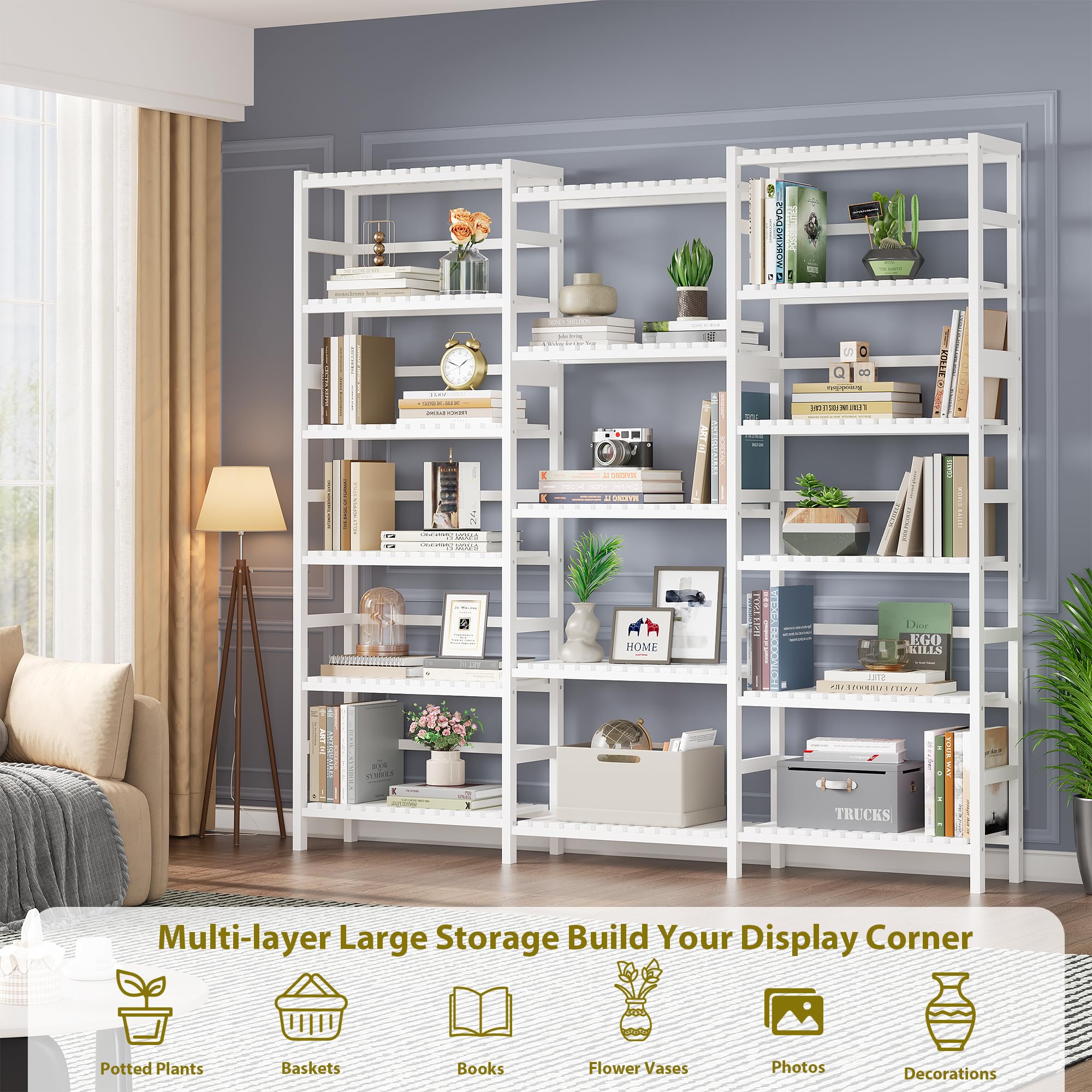 FOTOSOK Triple Wide 6-Tier Bookshelf and Bookcase,Large Freestanding Book Shelf with 17 Open Display Shelves, Tall Bookshelf Plant Flower Shelf Rack Storage Organizer Unit for Living Room, White