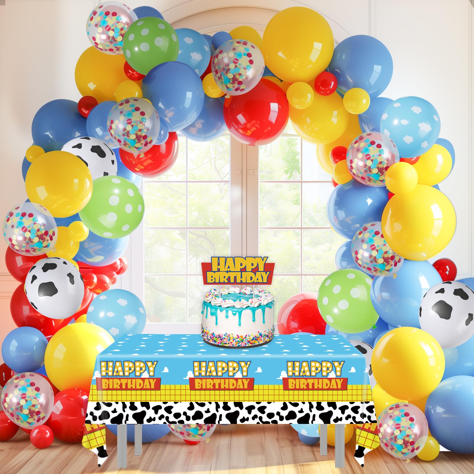 Toy Balloons Arch Story Birthday Party Decorations Backdrop Tablecloth 151pcs Garland Kit Balloons Cloud Birthday Cake Toppers Kids Cow Print Latex Balloons 1st 2nd 3rd Birthday Party Decorations