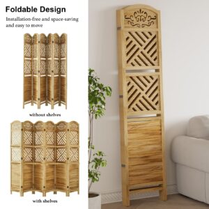 Room Divider with Shelves, 5.75ft Tall Folding Wood Carved Screen with Double Hinges for Home Office Bedroom Hotel Decoration (6 Panels, Natural)