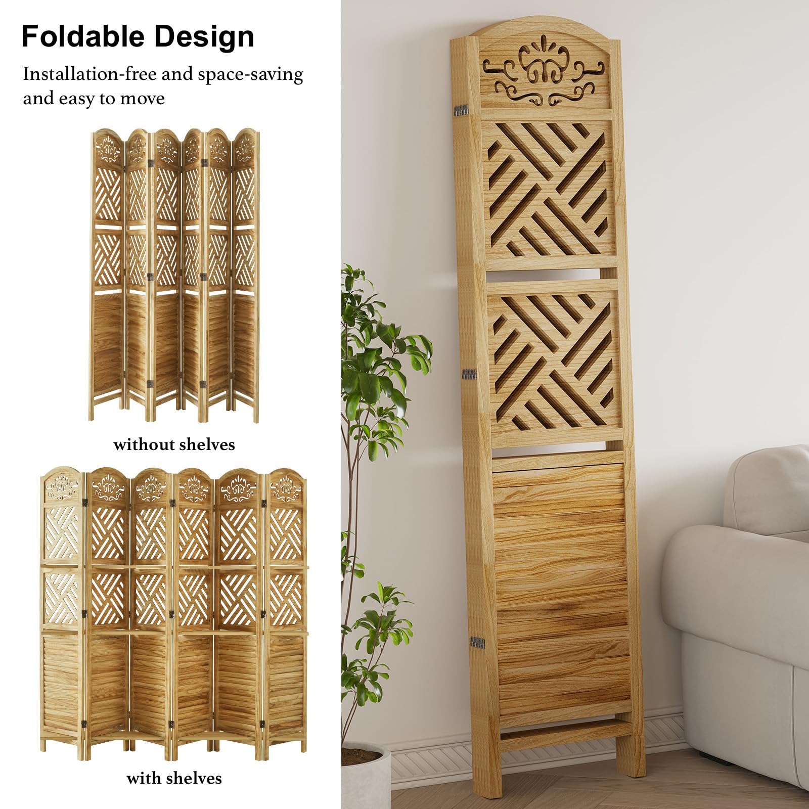 Room Divider with Shelves, 5.75ft Tall Folding Wood Carved Screen with Double Hinges for Home Office Bedroom Hotel Decoration (6 Panels, Natural)