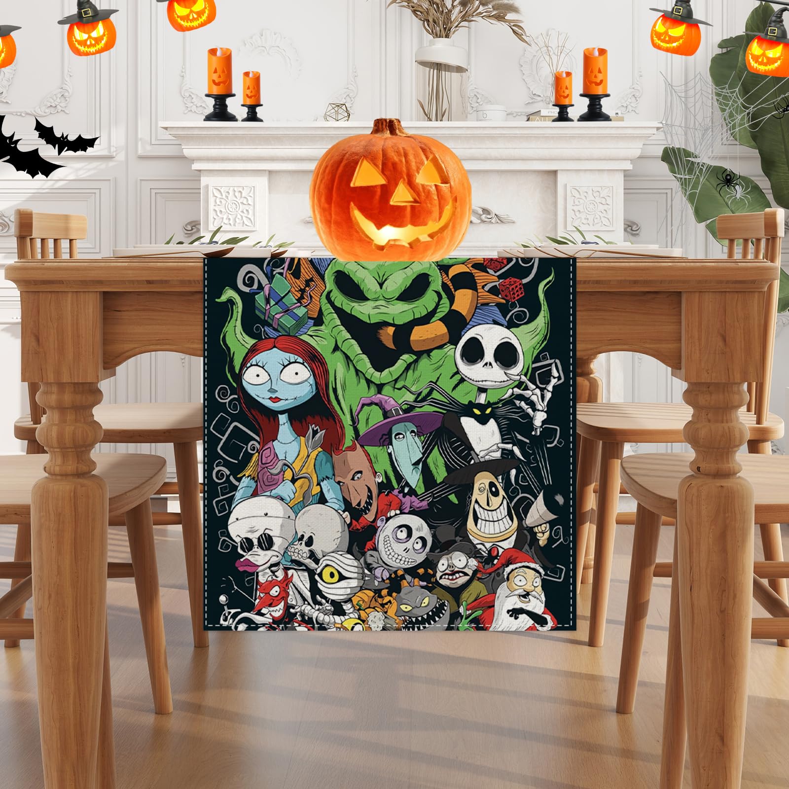 Linen Nightmare Before Christmas Halloween Table Runner Jack Skellington Jack and Sally Decorations and Supplies for Home Kitchen Dining Room Table