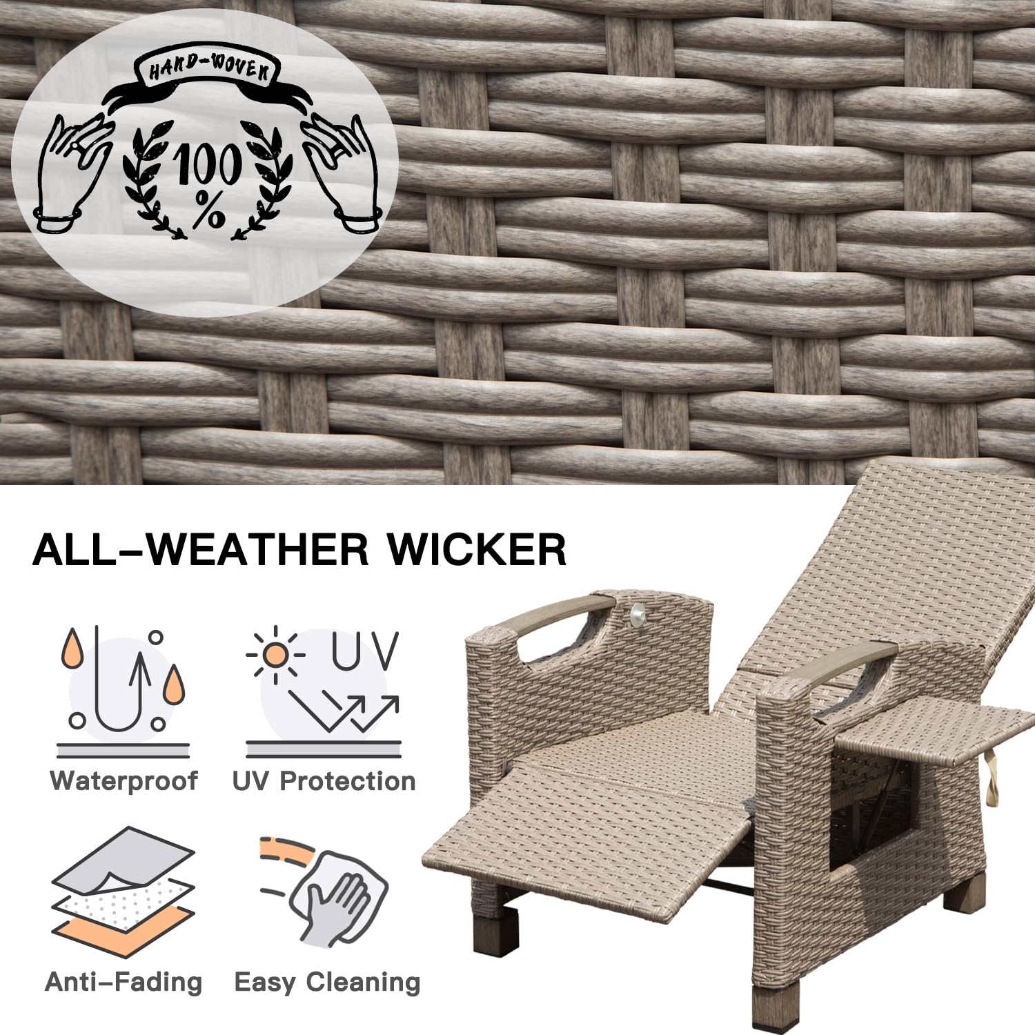 Domi Outdoor Reclining Chairs with Extended Footrest, Adjustable Patio Wicker Lounge Recliner up to 150° with Flip Side Table, Thickness Cushions for Indoor & Outdoor,Beige