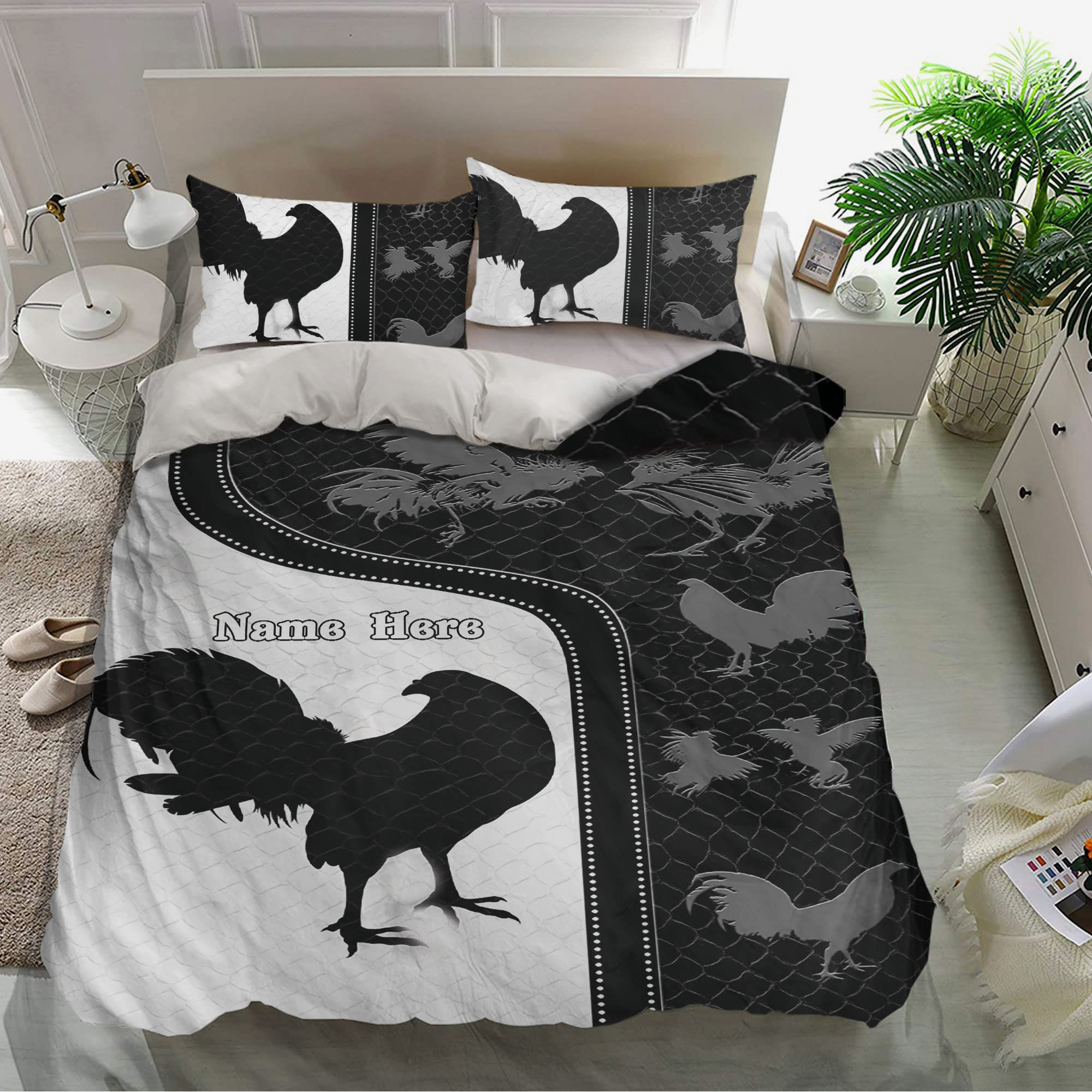 OhaPrints Personalized Chicken Duvet Cover, Rooster Farm Animal Black & White Bedding Set & Pillowcases, Custom Name Soft Lightweight Twin Full Queen King Comforter Cover Bed Set