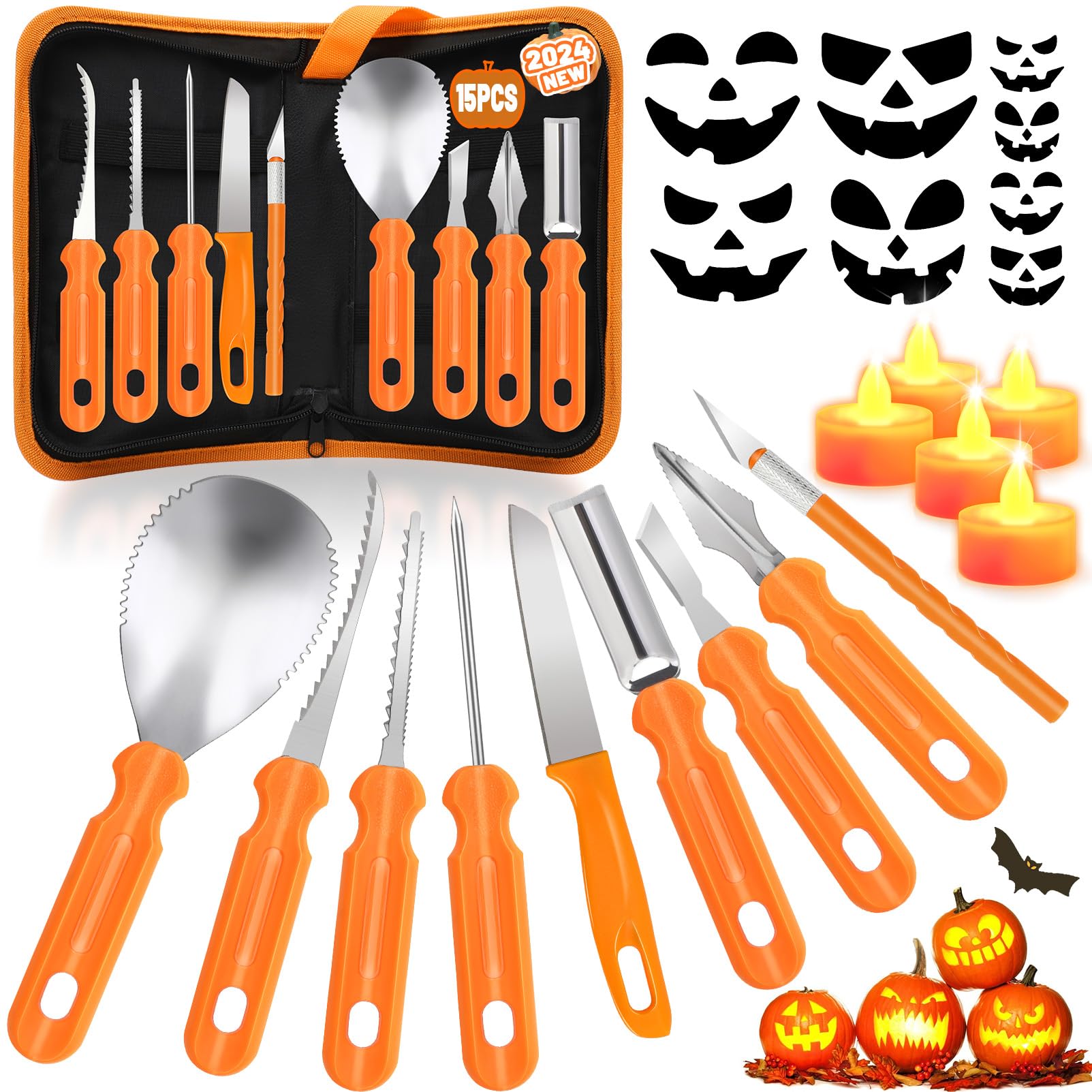 Pumpkin Carving Tools, 15 PCS Professional Pumpkin Carving Kit for Adults & Kids with LED Candles, Heavy Duty Stainless Steel Pumpkin Cutting Knife Supplies for Halloween Decoration Jack-O-Lantern