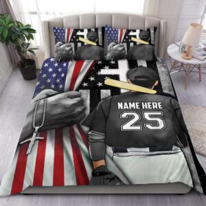 OhaPrints Personalized Baseball Duvet Cover, Baseball Player Christian American Flag Cross Bedding Set & Pillowcases Custom Name & Number Soft Lightweight Twin Full Queen King Comforter Cover Bed Set