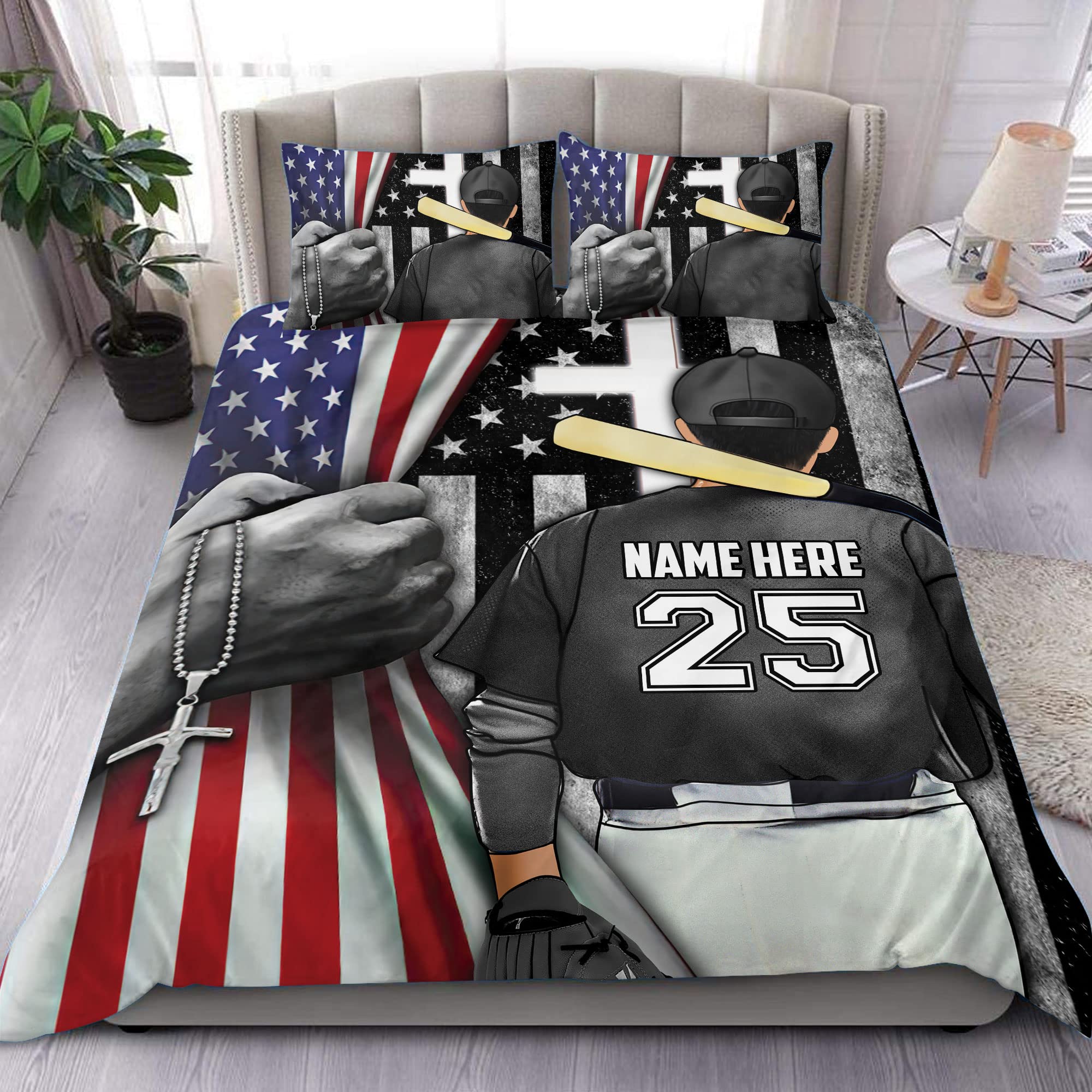 OhaPrints Personalized Baseball Duvet Cover, Baseball Player Christian American Flag Cross Bedding Set & Pillowcases Custom Name & Number Soft Lightweight Twin Full Queen King Comforter Cover Bed Set