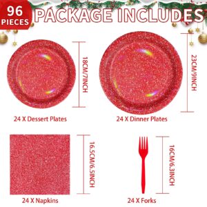 96pcs Iridescence Red Birthday Party Supplies 350 GSM Holographic Red White Christmas Plates and Napkins Rainbow Tableware Sets for Girls Women Bridal Shower Iridescent Party Decorations Serves 24