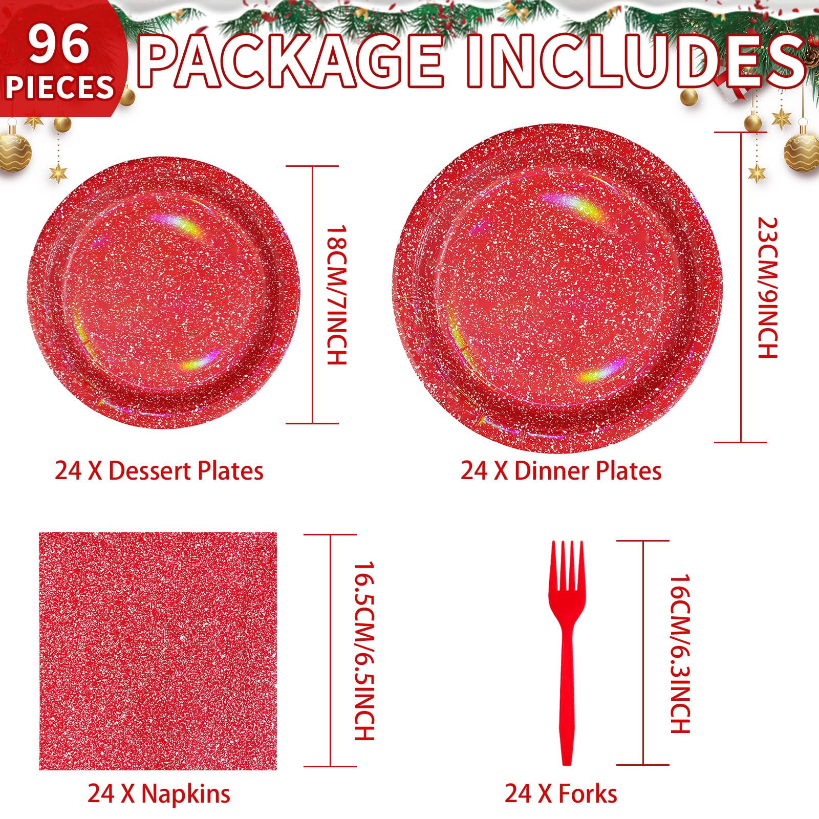 96pcs Iridescence Red Birthday Party Supplies 350 GSM Holographic Red White Christmas Plates and Napkins Rainbow Tableware Sets for Girls Women Bridal Shower Iridescent Party Decorations Serves 24