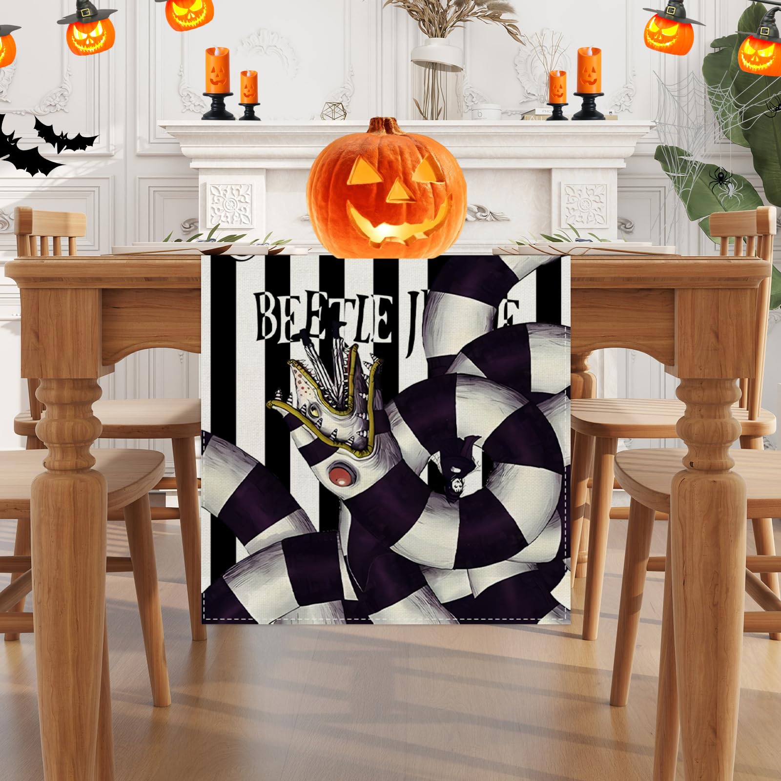 Black Striped Halloween Table Runner Scary Spooky Creepy Halloween Decorations and Supplies for Home Kitchen Dining Room Table