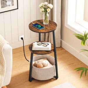 HOOBRO Small Round Side Table with Charging Station, Round End Accent Table with Fabric Storage Basket, Compact Sofa Bedside Table for Small Space in Living Room, Bedroom, Rustic Brown BF169UBZ01