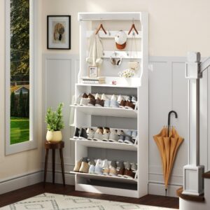 shoe cabinet for entryway with 3 flip drawers, white tall wood shoe storage cabinet with coat rack, narrow hidden slim freestanding shoe rack organizer, 2 in 1 hall tree for living room, hallway