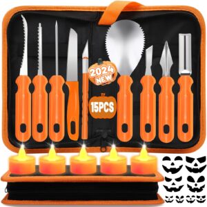 pumpkin carving tools, 15 pcs professional pumpkin carving kit for adults & kids with led candles, heavy duty stainless steel pumpkin cutting knife supplies for halloween decoration jack-o-lantern