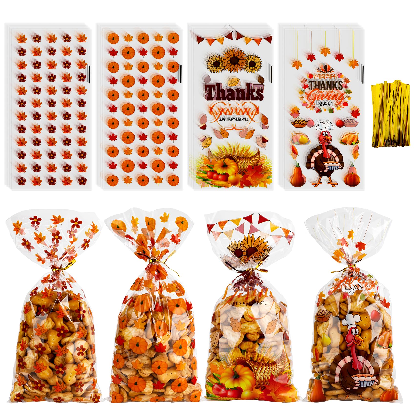 Thanksgiving Treat Bags, 100PCS Thanksgiving Goodie Bags with Twist Ties, Thanksgiving Gift Bags Plastic Candy Bags Cellophane Treat Bags Party Favor Bags Cookie Bags Fall Pumpkin Maple Leaves Bulk