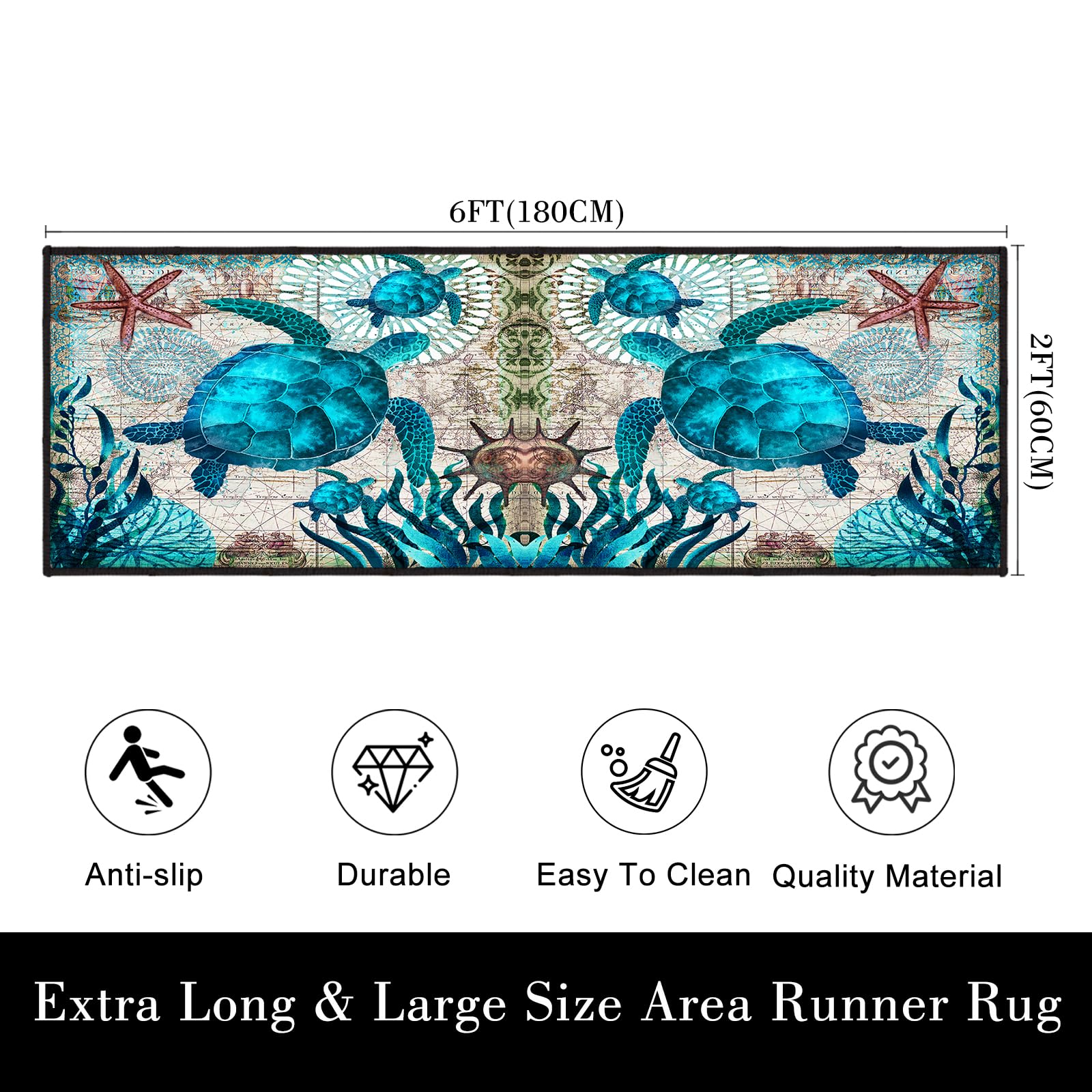 Coastal Runner Rug for Hallway 2x6 Sea Turtle Hallway Rugs Nautical Throw Rug Blue Turtles Beach Ocean Life Teal Marine Animal Area Rug Non-Slip Floor Carpet for Bedroom Entryway Door Mat Washable Rug