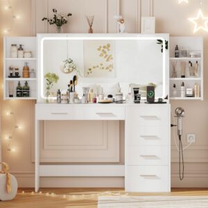 keehusux 46.7" w vanity desk with mirror and lights, makeup vanity table with charging station and holder, bedroom dressing table with 6 drawers & sliding hidden storage shelves, white kes006wszt