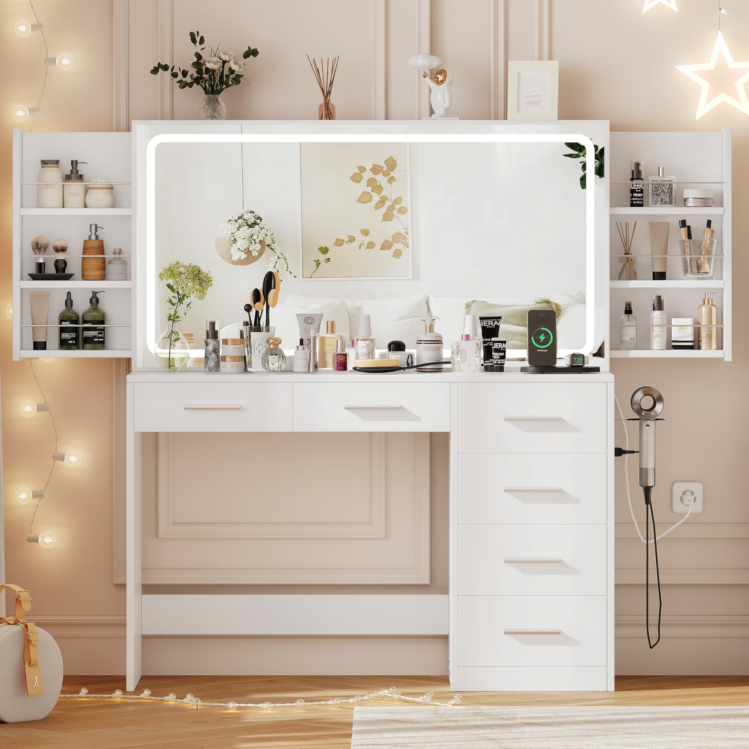 Keehusux 46.7" W Vanity Desk with Mirror and Lights, Makeup Vanity Table with Charging Station and Holder, Bedroom Dressing Table with 6 Drawers & Sliding Hidden Storage Shelves, White KES006WSZT