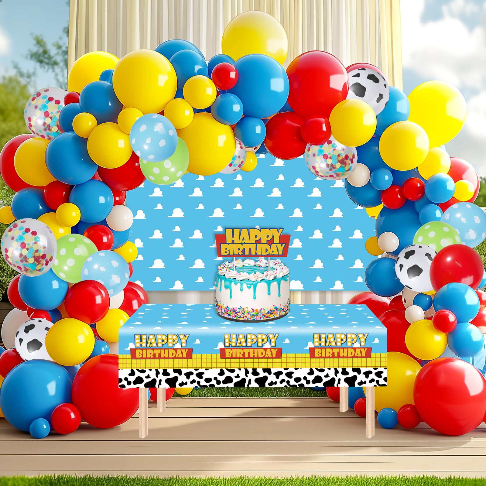 Toy Balloons Arch Story Birthday Party Decorations Backdrop Tablecloth 151pcs Garland Kit Balloons Cloud Birthday Cake Toppers Kids Cow Print Latex Balloons 1st 2nd 3rd Birthday Party Decorations