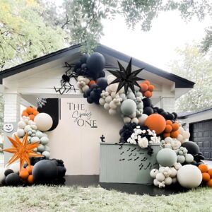 halloween balloon arch kit - double stuffed orange black and white balloons gray sand white star balloons for halloween birthday party graduation father's day anniversary party decoration