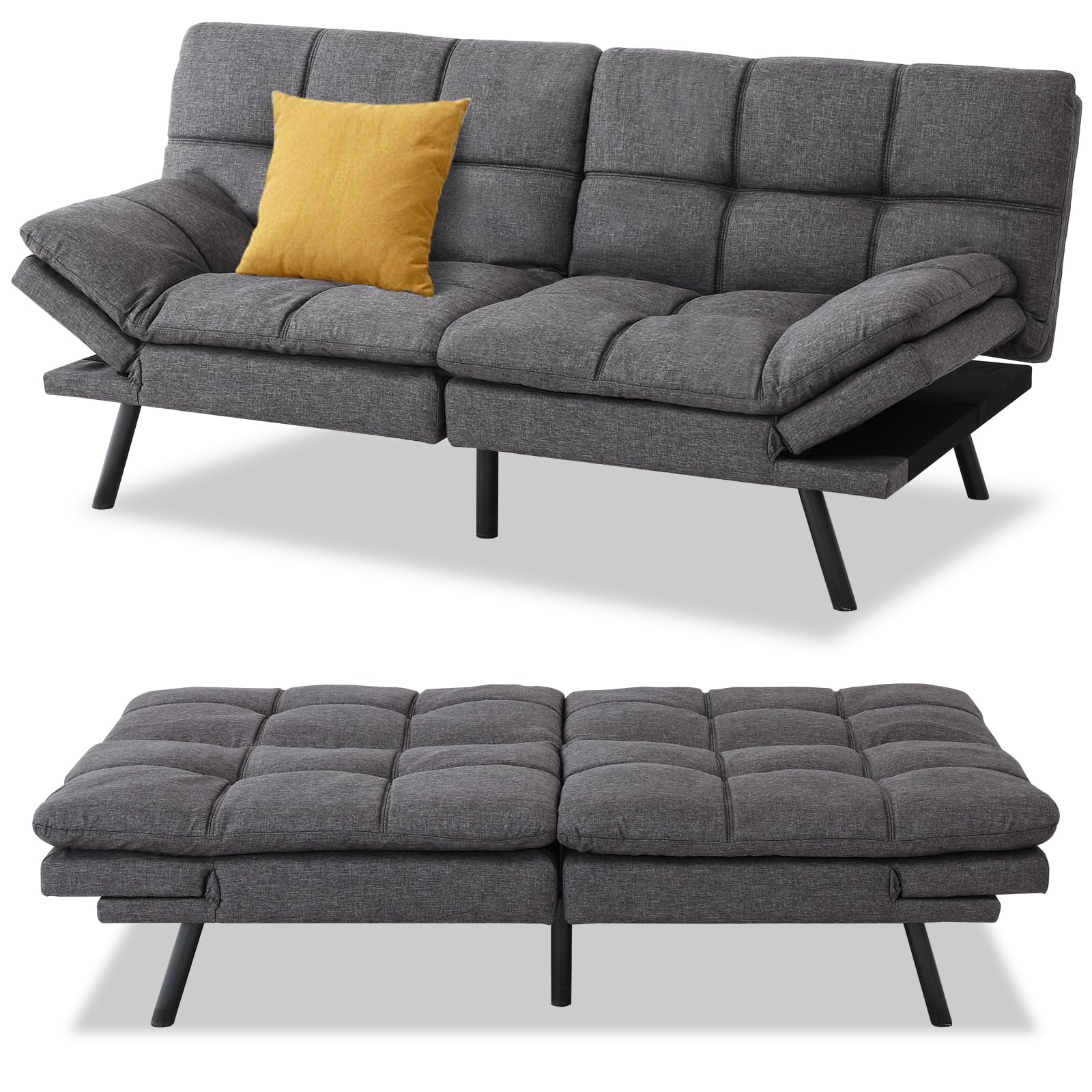 MUUEGM Memory Foam Sofa Bed is Adjustable Armrests - Rectangular Shaped Futon Sofa Bed - Small Sofa Set for Living Room with Loveseats - Sleeper Sofa Bed Couch in Dark Gray Fabric