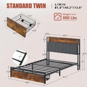 SogesSleep Twin Bed Frames with Headboard, Upholstered Twin Size Bed Frames with Storage and Charging Station & LED Lights, No Box Spring Needed Bed Frame, Noise Free & Easy Assembly