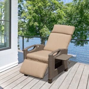 domi outdoor reclining chairs with extended footrest, adjustable patio wicker lounge recliner up to 150° with flip side table, thickness cushions for indoor & outdoor,beige