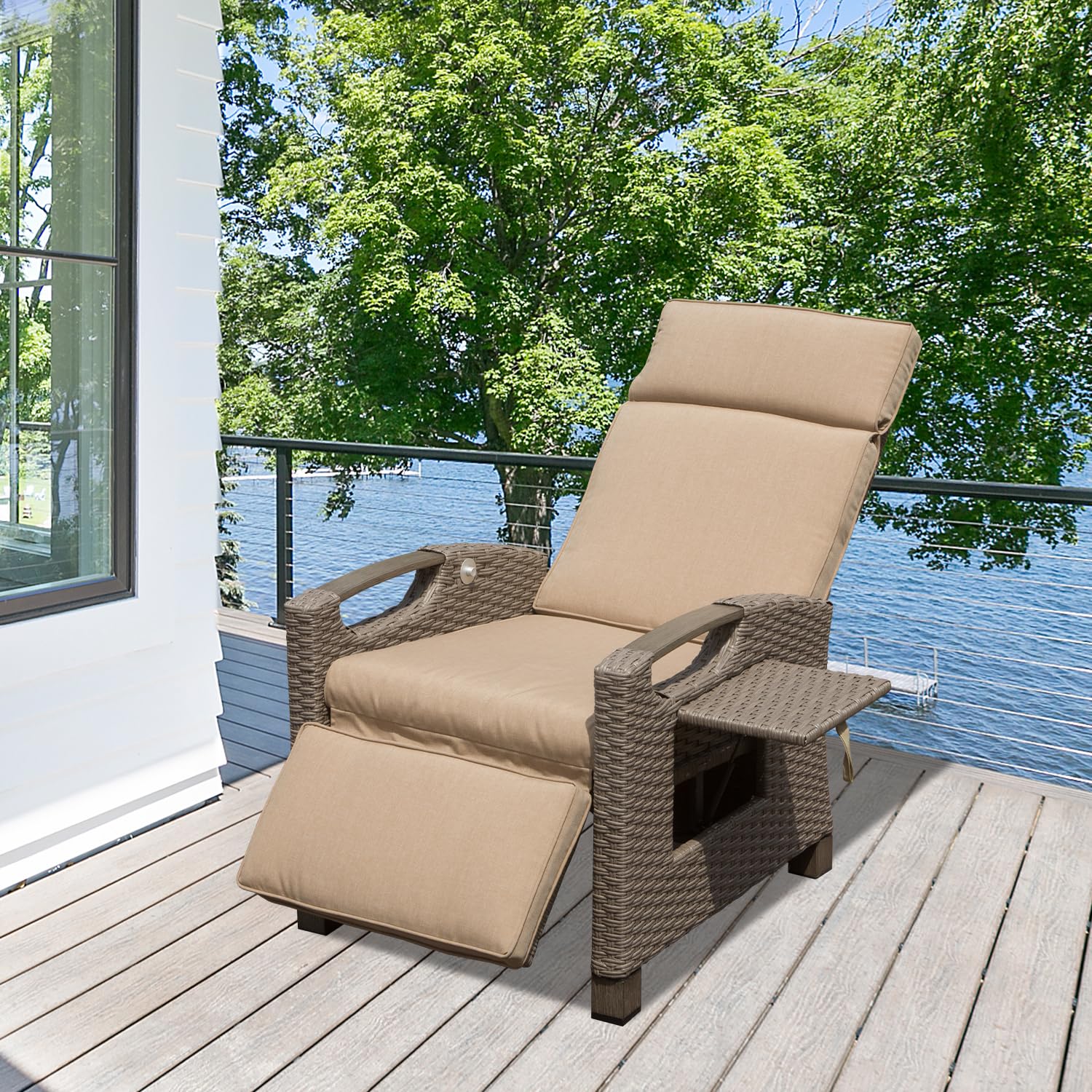 Domi Outdoor Reclining Chairs with Extended Footrest, Adjustable Patio Wicker Lounge Recliner up to 150° with Flip Side Table, Thickness Cushions for Indoor & Outdoor,Beige