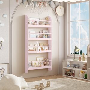 FOTOSOK Kids Bookshelf, Wall Mount 4-Tier Book Shelf Organizer for Toys and Books, Toy Storage Bookshelf in Bedroom, Living Room and Nursery, Pink