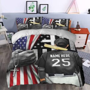 OhaPrints Personalized Baseball Duvet Cover, Baseball Player Christian American Flag Cross Bedding Set & Pillowcases Custom Name & Number Soft Lightweight Twin Full Queen King Comforter Cover Bed Set