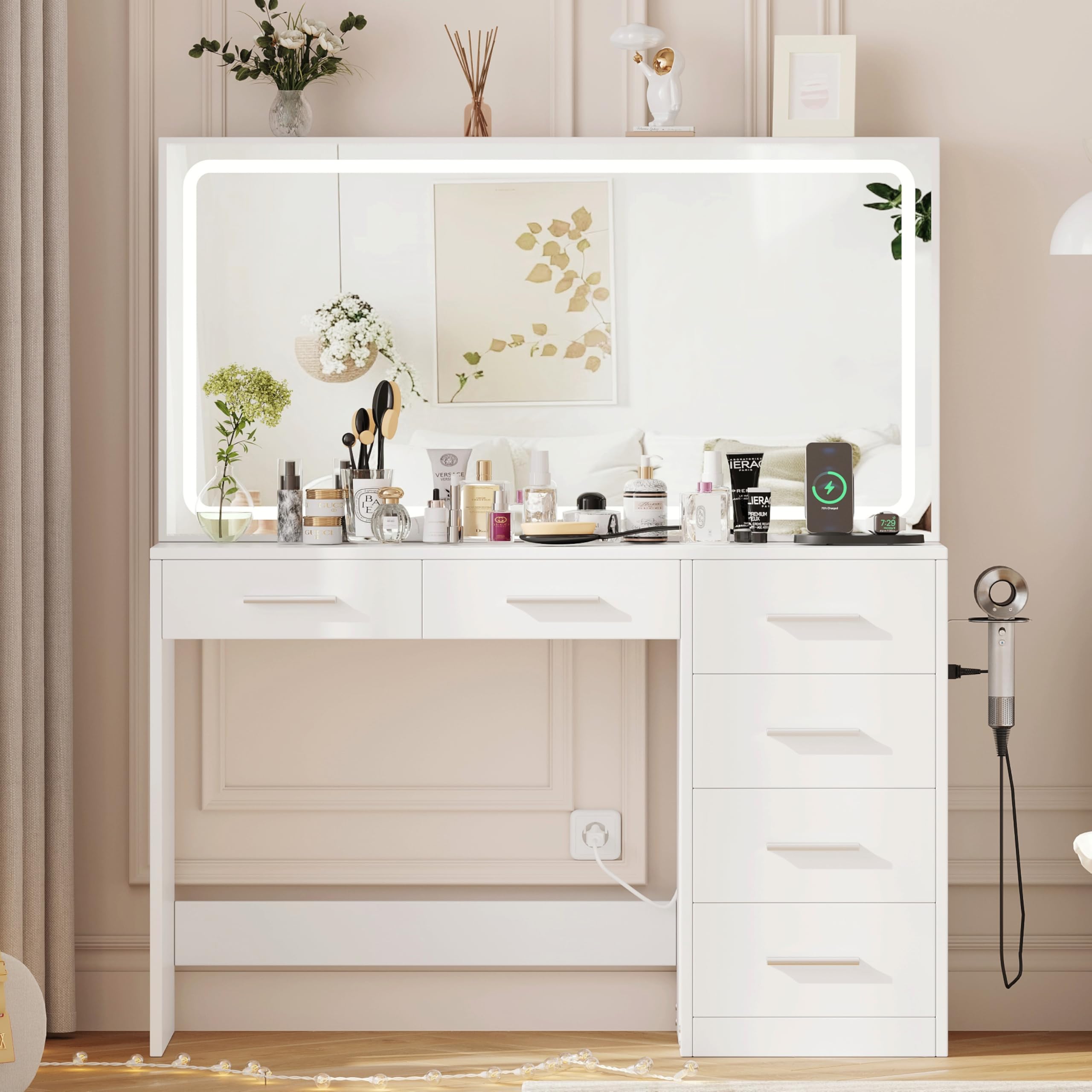 Keehusux 46.7" W Vanity Desk with Mirror and Lights, Makeup Vanity Table with Charging Station and Holder, Bedroom Dressing Table with 6 Drawers & Sliding Hidden Storage Shelves, White KES006WSZT